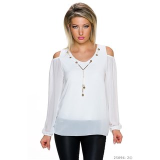 Elegantes Cold-Shoulder Langarm Shirt aus Chiffon Weiß Einheitsgröße (34,36,38)