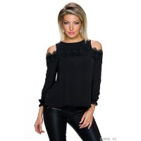 Transparent cold shoulder chiffon blouse with lace black...