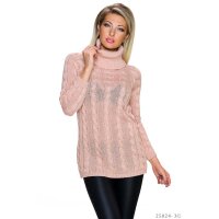 Elegant long polo-neck sweater with cable stitch antique pink