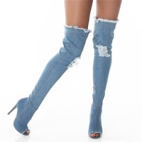 Sexy jeans overknee boots stilettos in destroyed look blue