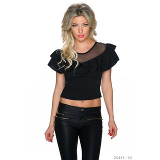 Ladies belly shirt in Latina style with mesh and flounces black