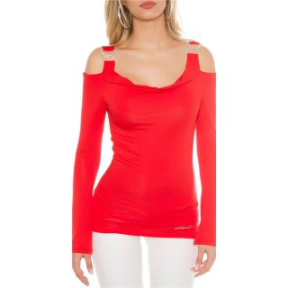 Elegant long-sleeved shirt long shirt rhinestone look red Onesize (UK 8,10,12)
