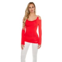 Elegantes Langarm-Shirt Longshirt Strass-Optik Rot Einheitsgröße (34,36,38)