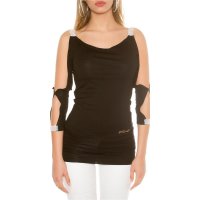 Sexy long-sleeved ladies shirt long shirt rhinestone look black UK 12 (M)