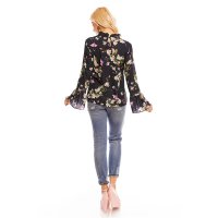 Long-sleeved chiffon blouse with flowers and frills navy