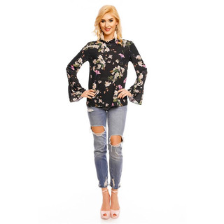 Long-sleeved chiffon blouse with flowers and frills black