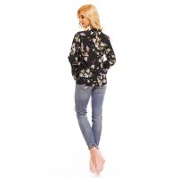 Long-sleeved chiffon blouse with flowers and frills black