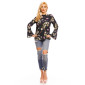 Long-sleeved chiffon blouse with flowers and frills navy Onesize (UK 8,10,12)