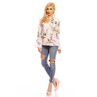 Long-sleeved chiffon blouse with flowers and frills white...
