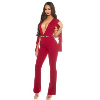 Sexy overall jumpsuit with XXL V-cut cleavage and cape wine-red