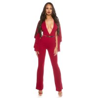 Sexy overall jumpsuit with XXL V-cut cleavage and cape wine-red