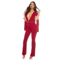 Sexy overall jumpsuit with XXL V-cut cleavage and cape wine-red