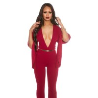 Sexy overall jumpsuit with XXL V-cut cleavage and cape wine-red