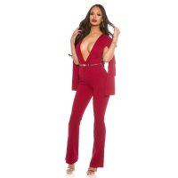 Sexy overall jumpsuit with XXL V-cut cleavage and cape wine-red UK 10 (S)
