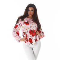 Elegant long-sleeved blouse with flowers frills and lace pink