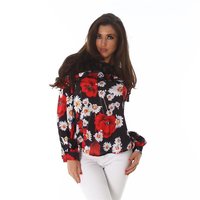 Elegant long-sleeved blouse with flowers frills and lace black