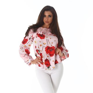 Elegant long-sleeved blouse with flowers frills and lace pink UK 10 (S)