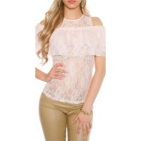 Sexy ladies cold shoulder lace shirt with flounces salmon