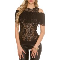 Sexy ladies cold shoulder lace shirt with flounces black UK 12/14 (M/L)