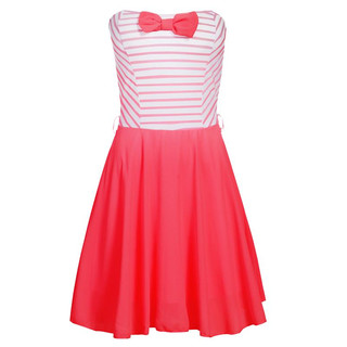 Strapless A-line mini dress with chiffon and stripes coral/white
