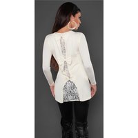 Precious fine-knitted ladies long sweater with fine lace creme-white