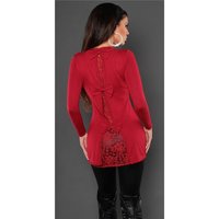 Precious fine-knitted ladies long sweater with fine lace red Onesize (UK 8,10,12)