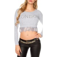 Sexy bauchfreier Damen Pullover "LONDON" mit Spitze Grau Einheitsgröße (34,36,38)