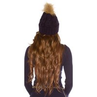 Ladies winter cap hat with removable fake fur pompom navy