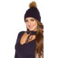 Ladies winter cap hat with removable fake fur pompom navy