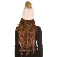 Ladies winter cap hat with removable fake fur pompom pink