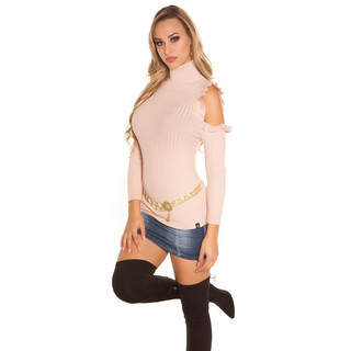 Ladies rib-knitted cold shoulder sweater pullover antique pink
