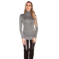 Womens fine-knitted long sweater with turtle neck grey