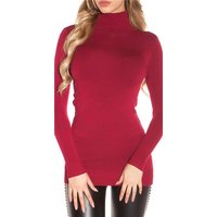 Ladies fine-knitted long sweater with turtle neck wine-red