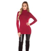 Ladies fine-knitted long sweater with turtle neck wine-red