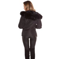 Warm lined ladies winter jacket with fake fur hood black