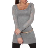 Glamour Damen Feinstrick-Longpullover mit Spitze Grau