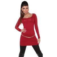 Glamour Damen Feinstrick-Longpullover mit Spitze Rot
