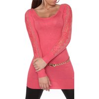 Fine-knitted ladies glamour long sweater with lace coral...