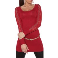 Fine-knitted ladies glamour long sweater with lace red...