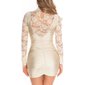 Shimmering long-sleeved mini dress with lace and gathers beige Onesize (UK 8,10,12)