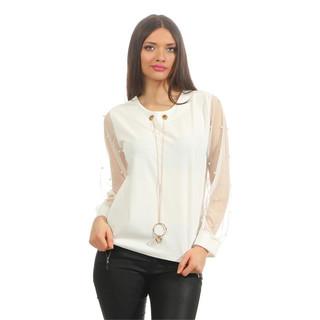 Elegantes Damen Langarm-Shirt mit Kette und Perlen Weiß