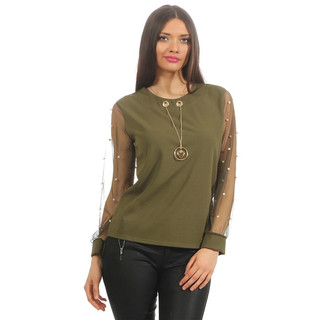 Elegant ladies long-sleeved shirt with chainlet and pearls olive
