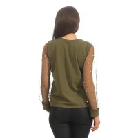 Elegant ladies long-sleeved shirt with chainlet and pearls olive