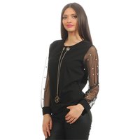 Elegant ladies long-sleeved shirt with chainlet and pearls black