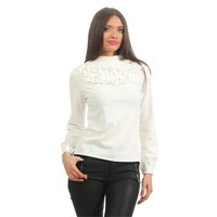Long-sleeved ladies blouse with flounces and pearls white