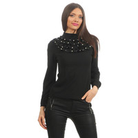 Long-sleeved ladies blouse with flounces and pearls black
