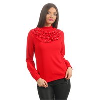 Long-sleeved ladies blouse with flounces and pearls red