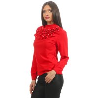 Elegante Damen Langarm-Bluse mit Volants und Perlen Rot