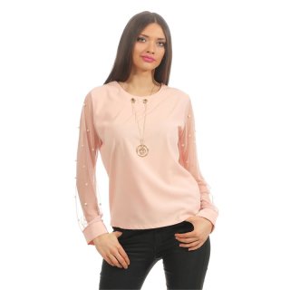 Elegant ladies long-sleeved shirt with chainlet and pearls apricot Onesize (UK 8,10,12)