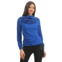 Long-sleeved ladies blouse with flounces and pearls royal...